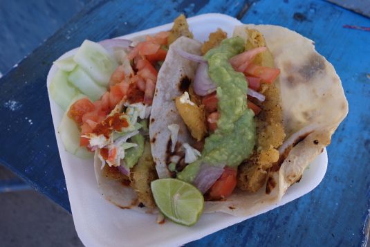 A Baja-style fish taco from a stand in Santa Rosalia.