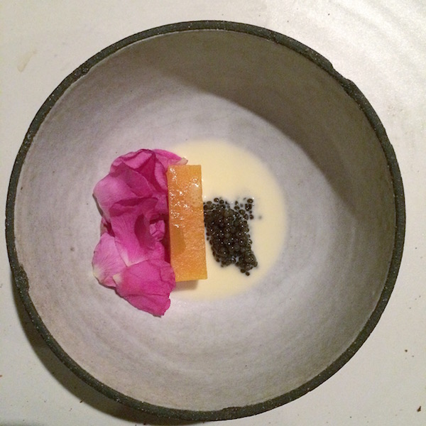 This pumpkin, caviar and rose petal dish was beautiful and delicious.