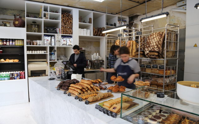 Image of the pastry counter at Liberté bakery in Paris